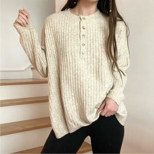 Zara Cream Ribbed Henley Sweater